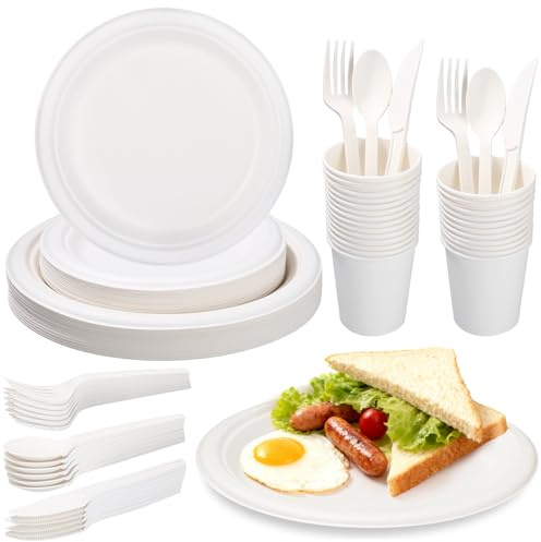 Cexovo Lote de 150 Platos Desechables de Bagazo de Caña de Azúcar, Vajilla Desechable Ecológica, Incluye Platos, Tenedores, Cuchillos y Cucharas para Fiestas, Camping y Picnics