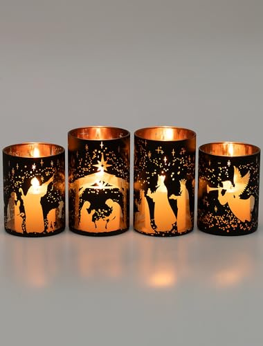 Romadedi Krippe Weihnachten Windlicht Set: 4er Set Glas Weihnachtskrippe kerzenständer Innen Deko mit Nativity Scene für Tischdeko Kamin Advent Ideal für Weihnachtsdeko Christliche Geschenke