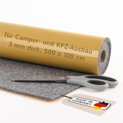 Selbstklebender Filz für Camper & Innenausbau – Meterware, Nadelfilz grau, 500 x 100 cm, 3 mm dick – flexibel, isolierend - Made in Germany