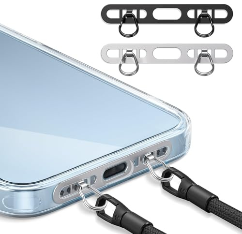 RabbFit Mobile Phone Chain Universal Pads, Pack of 2 Universal Pads with Rings, Lanyard for iPhone, Mobile Phone Chain Pad for Most Smartphones (Steel and Black