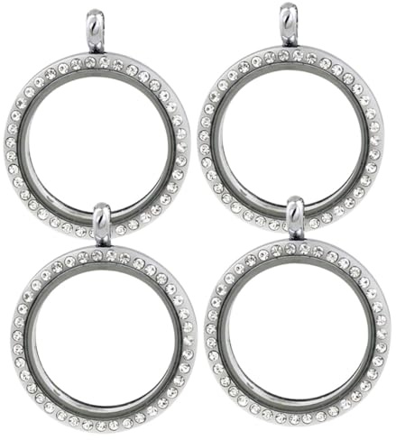 PLAFOPE Runde Strass Fotoanhänger aus Legierung, Aufklappbar, 4 Stück | Fotohalter mit Glas, Silberfarben, für Halskette und Armband, für Erinnerung und Selbstgemacht Schmuck