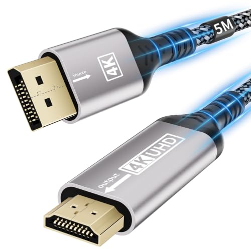 layajia Cable DisplayPort a HDMI 4K 5M, Unidireccional DP a HDMI Macho UHD 4K@30Hz/2K@60Hz/1080P@120Hz, Cable de nailon DP a HDTV para Dell, Proyector, PC de Escritorio, NVIDIA, Lenovo, HP, ThinkPad