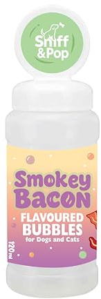 Sniff & Pop Dog Bubbles Flavoured Smokey Bacon – Pet Safe Non-Toxic Bubble Solution for Dogs & Cats – Interactive Bubble Toy with Wand – Boredom Busting Enrichment Toy for Puppies & Dogs – 120ml
