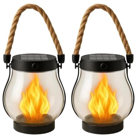 Klynero Solar Laterne mit Flammeneffekt Groß, Klynero Solar Laterne Outdoor IP65, Gartenlaterne mit 3 Lichtmodi, USB-C Ladeoption, Dekorative Solarlampe für Garten, Terrasse (Schwarz, 2pcs)