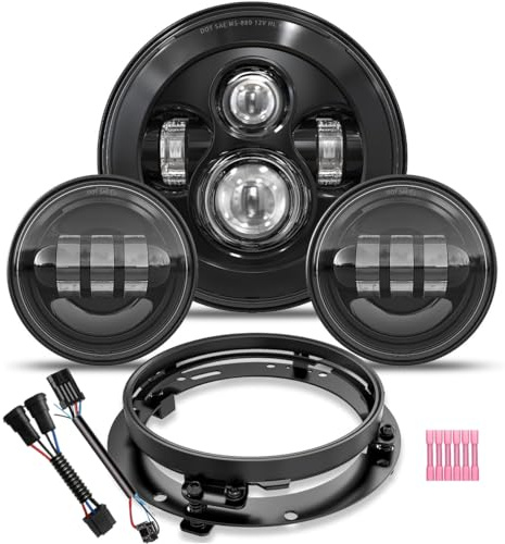 TRUCKMALL 7 inch LED Headlight, 4.5’’ Fog Passing Lights, with Mounting Ring for Touring Road King Ultra Classic Electra Street Glide Tri Cvo Heritage Softail Slim Deluxe Fatboy Black