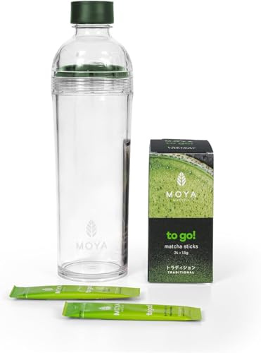 Moya Matcha To Go! Set | Shaker en verre 330 ml + 24 sachets x 1,5 g de Matcha To Go| Set de préparation du matcha chaud et froid | Idéal pour le travail, le voyage ou l’entraînement