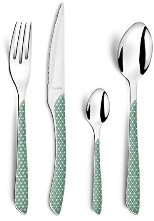 AMEFA Eclat Géo Ménagère 24 couverts acier inox 18/0 Pour 6 personnes, Vert | Ménagère 24 couverts pour 6 personnes, Acier inoxydable 18/0, Manche ABS bicolore, Compatible lave-vaisselle