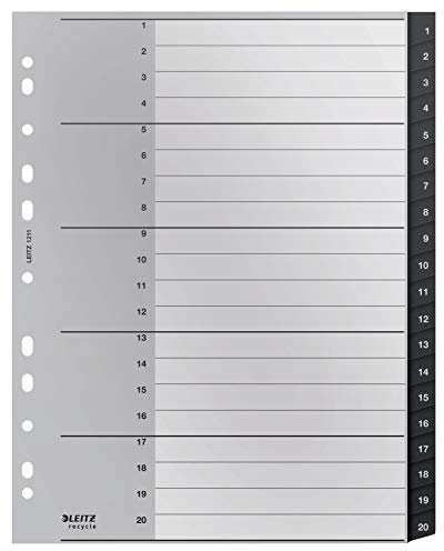 Leitz Register, Numrerade Flikar 1-20, A4-storlek, Extra Brett, 90% Återvunnen Plast, Miljövänlig, Premium Kvalitet, Recycle-serien, Svart, 12110095