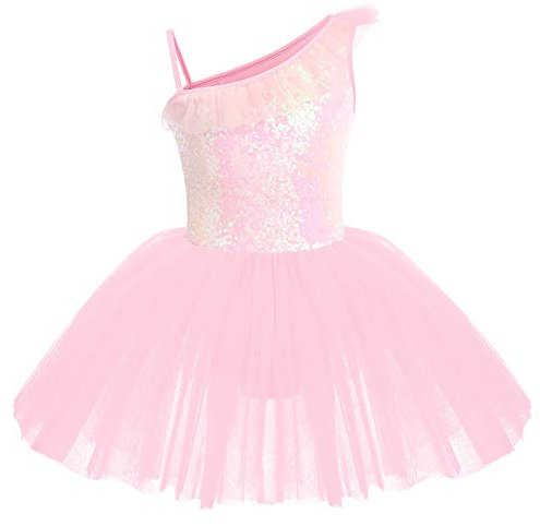 IWEMEK Kinder Ballettkleidung Mädchen Ballettkleid Ärmellos Rüsche Pailletten Balletttrikot Ballettanzug Tanzkleid Tanzbody mit Tütü Rock Ballettrock Gymnastik Tanzbekleidung Rosa 7-8 Jahre