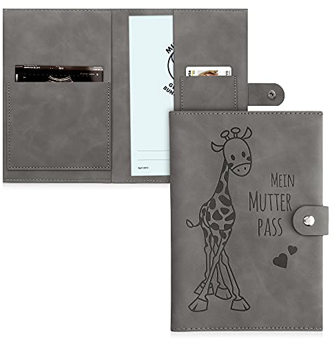 kwmobile Mutterpasshülle aus Kunstleder in Nubuklederoptik - Hülle für Deutschen Mutterpass mit extra Fächern - Cover Mutterpass Giraffe Grau