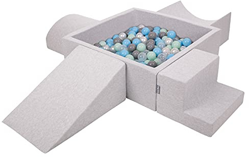 KiddyMoon Area di Gioco in Schiuma con Quadrato Piscina di Palline (300 Palline) per Bambini, Grigioch:Perla/Grigio/Trasparente/Azzurro/Menta