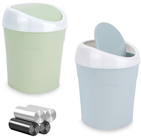 QLFJ-FurDec 2 Stücke Mini Mülleimer, Tischmülleimer mit Schwingdeckel mit 4 Rollen Müllsäcke, Kompaktes Design Mini Kosmetikeimer 10 * 12 * 17cm, Tischabfalleimer für den Waschtisch (Blau, Grün)