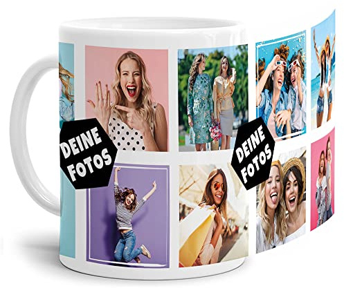 Foto-Tasse zum selbst gestalten mit Foto-Collage für 10 Wunschfotos - Geschenk für Familie, Freunde, Geburtstag, Weihnachten - Keramik Weiß, 300 ml I Personalisiert