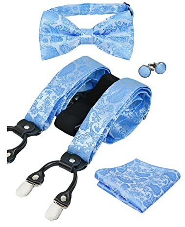 Alizeal Juego de 6 clips para hombre, pajarita y tirantes, pañuelo, gemelos, color negro, Cachemira Azul Claro, Taille unique