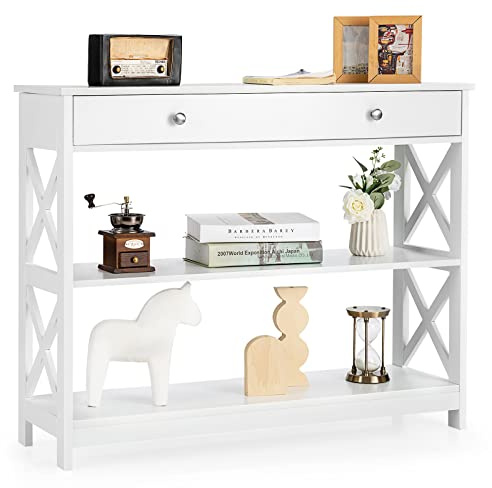 COSTWAY Tavolo Consolle con Cassetto, Tavolo da Ingresso a 3 Ripiani, Tavolino per Divano per Ingresso Soggiorno Camera da Letto, Stile Vintage Industriale (Bianco)