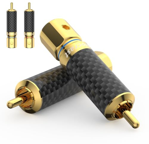 Tertullus 4 Stück High End Cinch Stecker Schraubbar Ohne Löten,Cinchstecker mit Vergoldete und Carbon RCA Phono Stecker Cinch RCA stecker Männlich Bis 10,0 mm Kabel