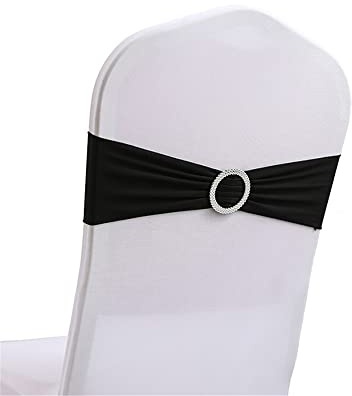 Highdi 10/20/30/50/100 Stück Spandex Stuhl-Schärpen, Stretch Schleifen Stuhlbänder mit Schnalle Schieber Elastische Lycra Stuhlschärpen für Party Hochzeit Stuhl Dekorationen (Schwarz,50pcs)