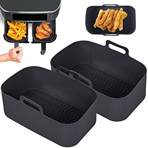 Snewvie 2Pcs Silicone Pot for Ninjas Dual Air Fryer, Silicone Air Fryer Liners Double Air Fryer Silicone Basket, Air Fryer Rack Accessories for Air Fryer, Oven, and Microwave, #3 2 Black
