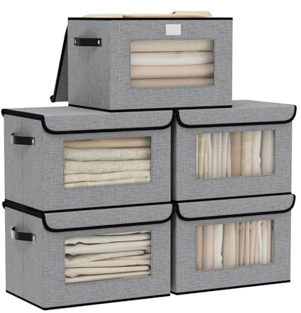 YheenLf Aufbewahrungsboxen,5 Stück,Grau Aufbewahrungskorb,33x23x20cm | Aufbewahrungsbox mit Deckel, Schrank Organizer Kleiderschrank, Faltbox mit Griff, Faltbare Aufbewahrungskörbe