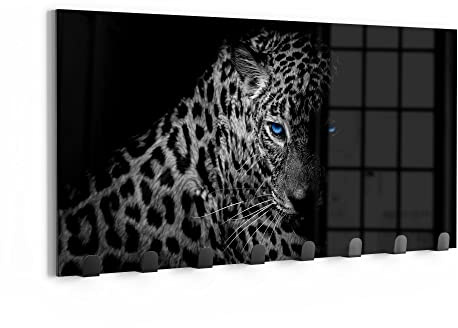 DEQORI Wandgarderobe Glas & Metall | Motiv Leopard mit blauen Augen | 60x30 cm | Design Haken-Leiste modern | Garderoben-Paneel für Flur, Wohnzimmer & Schlafzimmer | magnetisch & beschreibbar