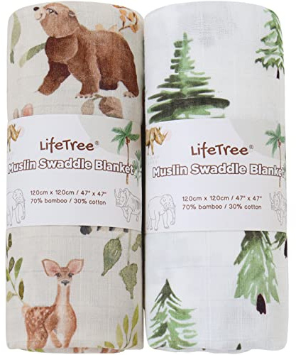 Lebze LifeTree Baby Pucktuch Musselin Tuch, 2 Stück 120x120cm Musselin Swaddle Decke Baby Bambus Baumwolle Swaddle Wrap für Junge und Mädchen, Waldtiere