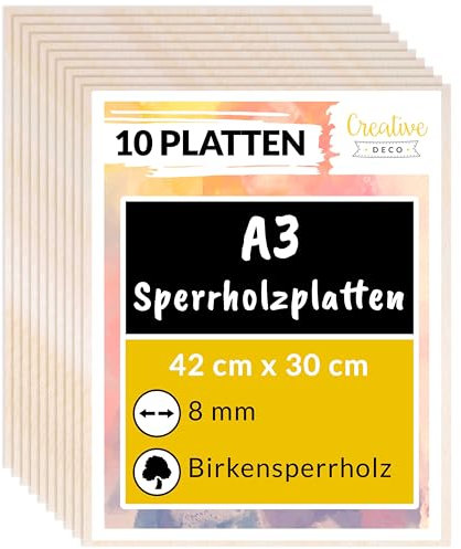 Creative Deco 10 x A3 Sperrholzplatte 8mm Birkensperrholz | 420 x 300 (+/- 2) mm | Dünne Holz-Zuschnitte | Perfektes Blatt für Laubsäge, Brandmalerei, Laserschnitt, CNC Router, Durchbrochenes