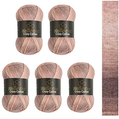 Wollbiene Crazy Cotton Batik - 5 ovillos de 100 g de lana para tejer (500 g, 55% algodón, 500 g, con degradado, 55% algodón, multicolor), multicolor (6000 marrón beige)