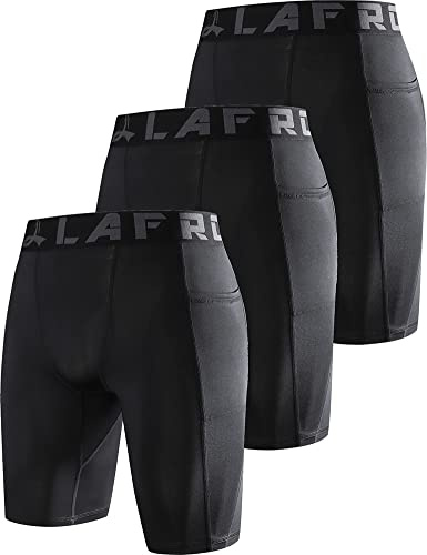 LAFROI Men's 3-Pack Quick Dry Cool Compression Fit Tights Shorts Waistband -YSK09 Pocket Black x3,XL