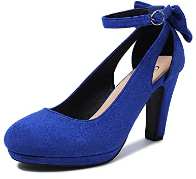 elerhythm Mary Jane Heels med rosett retro stängd rund tå mocka ankelrem pumpar Gatsby vintage skor, Kungsblå, 38.5 EU