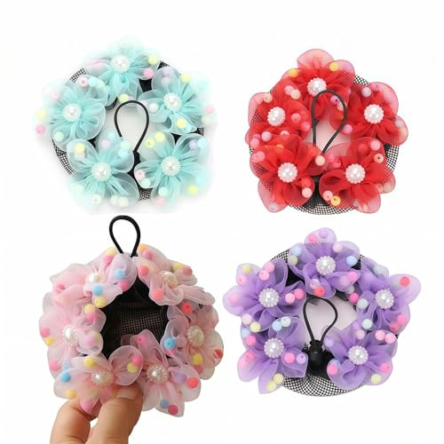 QUUPY 4 Stück helle Farbe Mädchen Ballett Dutt Abdeckungen Mesh String Bobbles Elastisches Band Haarnetze Dance Snood Haarnetz Zubehör für Tänzer Skaten Gymnastik Performance Tänzer Haarzubehör