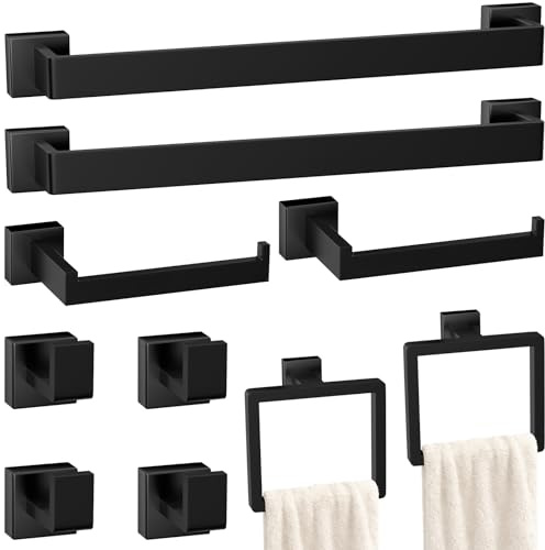 10-Pieces Matte Black Bathroom Accessories Set, Stainless Steel Bathroom Hardware Set, Towel Racks for Bathroom Wall Mounted 24 Inch Bath Towel Bar Set.