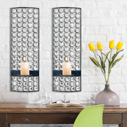 Sxnzequnze Crystal Candle Holder Silver Wall Sconces Set of 2 Glam Room Decor Wall Art Luxury Decorations Fireplace Mantel Decor Home Décor Accents for Living Room Kitchen Bedroom Dining Room Bathroom