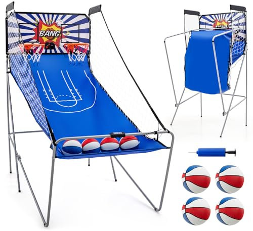 COSTWAY 8 in 1 Basketballautomat, elektrischer Baskeltballständer klappbar, Schießmaschine mit 4 Bällen, 8 Spielmodi, Luftpumpe für 2 Spieler, Arcade Basketballspiel für Kinder Erwachsene (Blau+Weiß)