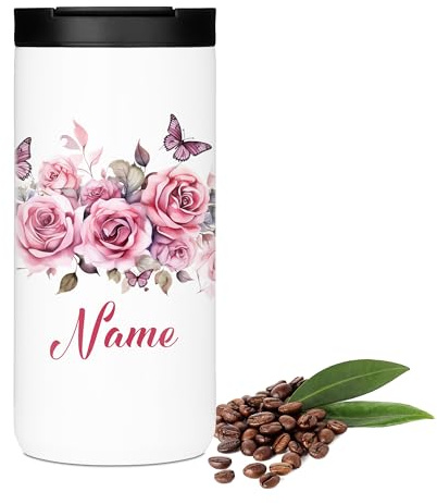 GRAZDesign Kaffeebecher personalisiert mit Namen - Schmetterling Blumen - Geschenk beste Freundin, Mama, Oma, Chefin, Kollegin, Edelstahl 400ml