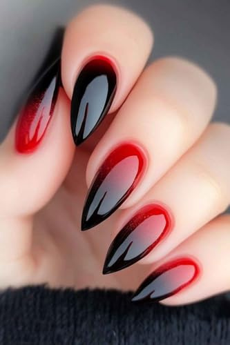 MouyouGlow Press on Nails Kurz,Almond Burgundy Rot Schwarz Gradient Aura Halloween Gothic Y2K Fake Nails,Red Black Ombre Vampire Künstliche Fingernägel