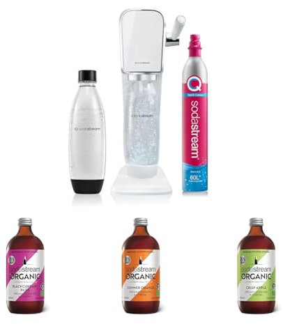 SodaStream Art Sparkling Water Maker, Sparkling Water Machine & 1L Fizzy Water Bottle, Retro Drinks Maker w. BPA-Free Water Bottle & 60L Co2 Gas- White + 3 x Organic Flavours Drink Mixes