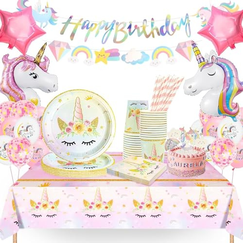 yosiio Ensemble de vaisselle de fête licorne, ensemble de décoration d'anniversaire licorne, fournitures de fête, assiettes en carton, gobelets, serviettes, nappe, ballons pour fêtes d'anniversaire