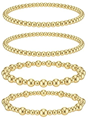 Dochais Bracelets en Perles d'or - Set de 4 Bracelets Plaqué Or 14 Carats, Réglable, Hypoallergénique, Extensible et Empilable pour Femmes et Hommes