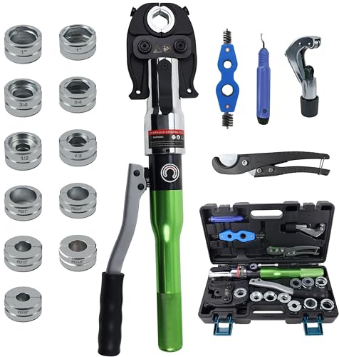 AMZCNC Pipe Press Tool with1/2,3/4,1 Dies for Copper Pipe and F877 Stainless PEX Press Sleeves,3/8,1/2,5/8,3/4,1 Dies for ASTM F1807 Pex Pipe Copper Ring Pipe Fittings Crimping Tool