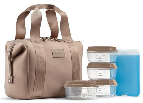 Fit & Fresh Remi Lunch Bag for Women Work – Neoprene Lunch Tote with Containers & Ice Pack, Reusable Meal Prep Lunch Box, Large Capacity, Machine Washable, Taupe