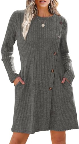 Yeenily Vestito Maglione Donna Invernale Scollo Rotondo Abito in Maglia Maniche Lunghe Autunno Vestiti Pullover Elegante A-Linea Maglioni Mini Abiti (Grigio, M)