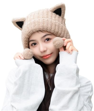 2025 Cartoon Katze Ohren Beanie Hut Y2K WinterHut Nette Warme Gestrickte Hut Weiche Gemütliche Ohr Schutz Hut Für Frauen Mädchen(Khaki)