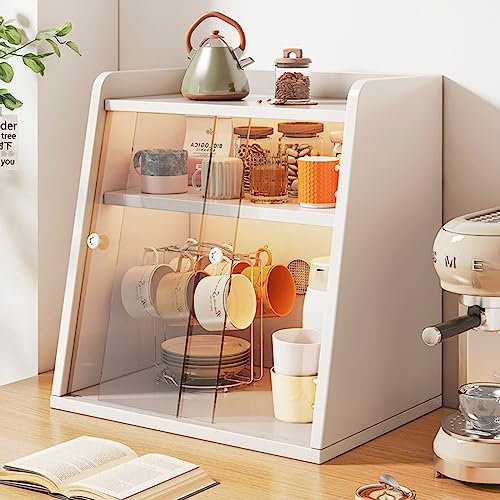 Grande boîte à pain en bois blanc avec double couche pour comptoir de cuisine, boîte à pain organisateur avec support de tasse à thé, étagère pour tasses