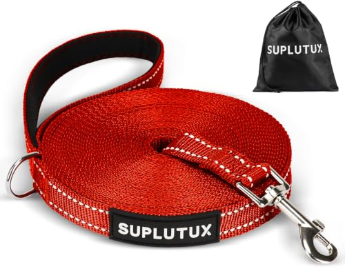SuplutuX Schleppleine für Hunde, Laufleine für Hunde mit Reflektorstreifen, 360° Drehbarer Karabinerhaken, Leicht & Langlebig, Ideal für Rückruf und Gehorsamkeitstraining (Rot, 15m/50ft)