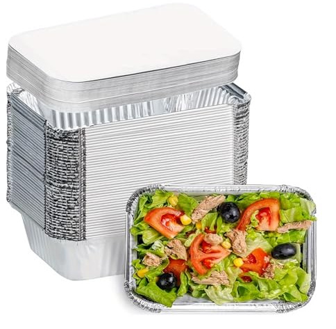 Cobenga 60 bandejas de papel de aluminio con tapas, 21 x 16 x 5 cm/1000 ml, bandejas de aluminio desechables para barbacoa para preparación de comidas, asar, parrilla, comida para llevar, bandeja para