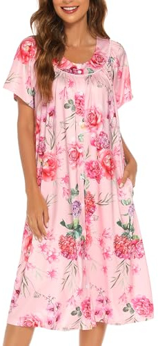 YOZLY House Dress for Women Short Sleeve House Coat Mumu Duster Robe with Pockets, Pink, 3XL
