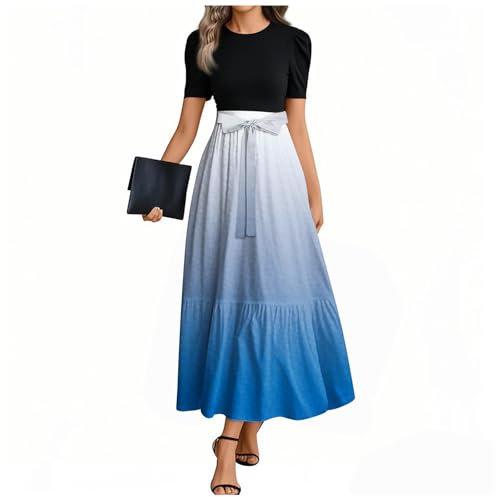 SCBFDI Robe Femme Été Bohème Chic Manches Courtes Col Rond Vague Maritime Robes Dégradé de Couleur Ceinturée Sortie Dîner Vacances Style Décontracté Dress, Robe Sirene Pas Cher Turquoise XL