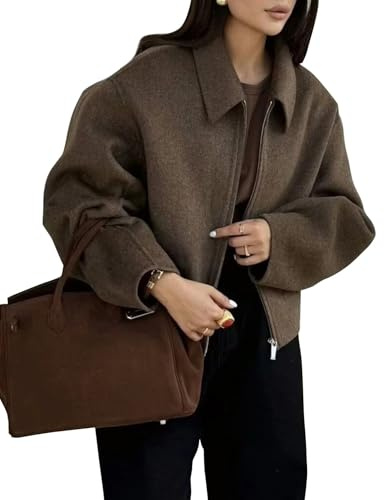 Zucige Cropped-Wolljacke für Damen, einfarbig, Reißverschluss, kurz, Erbsenmantel, Herbst, Winter, trendige Tweed-Jacken 2025, Braun, S