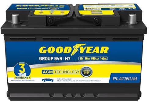 Goodyear 94R-H7-AGM BCI Group Size 94R 12V 80 AH, 140RC, 850 CCA Platinum series Rechargeable AGM Maintenance Free Automotive Battery