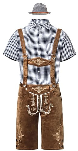 Trachtenset Herren Komplett- Lederhose Herren Tracht Set 3 Teilig Inkl. Kariertes Hemd Oktoberfest Herren Outfit Hut und Trachtenhose Kurz. Trachtenhemd Kurzarm Trachtenlederhosen für Bierfest Partys
